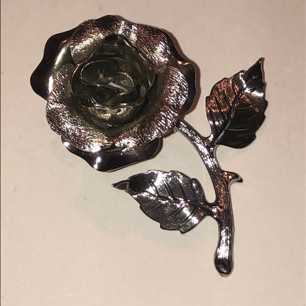 Silver Tone Vintage Rose Brooch